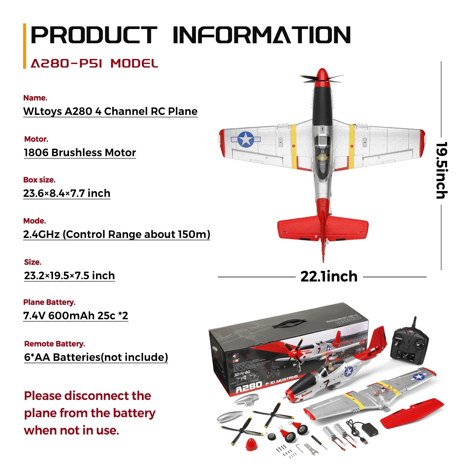 WLtoys XK A280 P51 Mustang RC Airplane — 4-Channel Brushless Warbird with 6G/3D Flight Modes