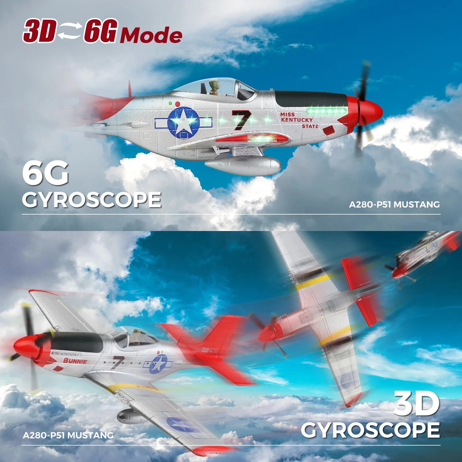 WLtoys XK A280 P51 Mustang RC Airplane — 4-Channel Brushless Warbird with 6G/3D Flight Modes