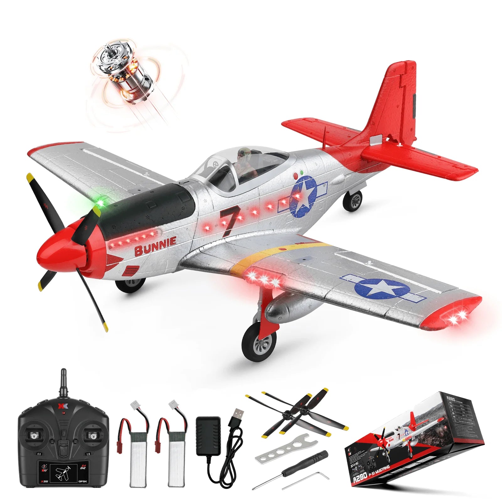 WLtoys XK A280 P51 Mustang RC Airplane — 4-Channel Brushless Warbird with 6G/3D Flight Modes