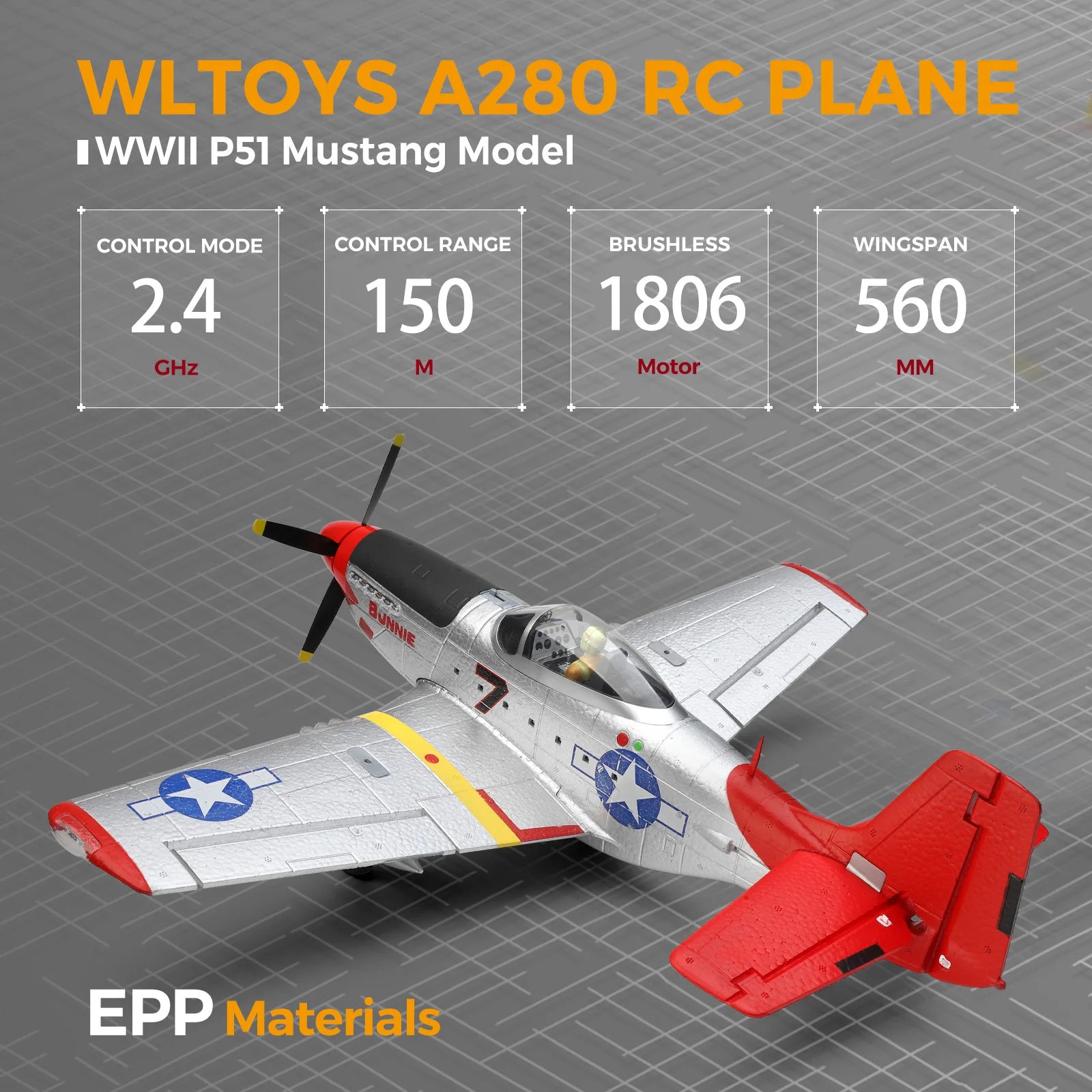 WLtoys XK A280 P51 Mustang RC Airplane — 4-Channel Brushless Warbird with 6G/3D Flight Modes